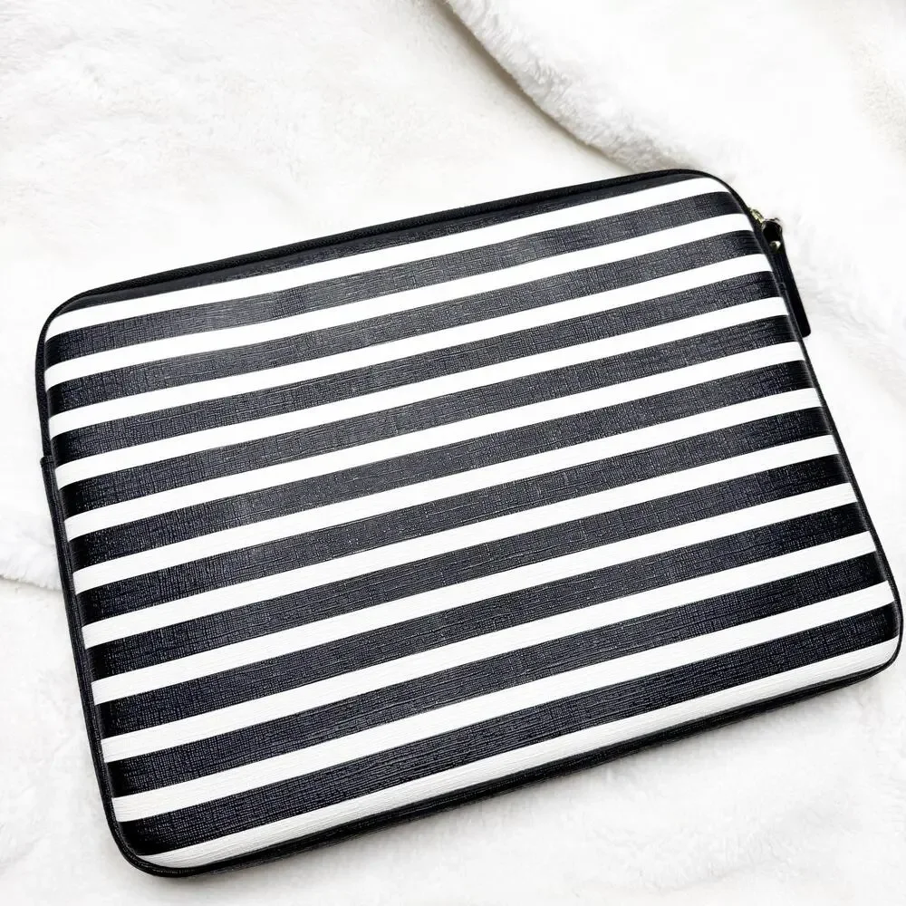 KATE SPADE New York Black & White Stripe Padded iPad Tablet Zip Case
